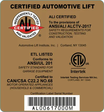 Etiqueta de certificación ALI Gold Label (ETL) del Elevador Cuatro Columnas 4082kg - Forward Lift by Rotary CR4T: modelo certificado CR4Txyyy