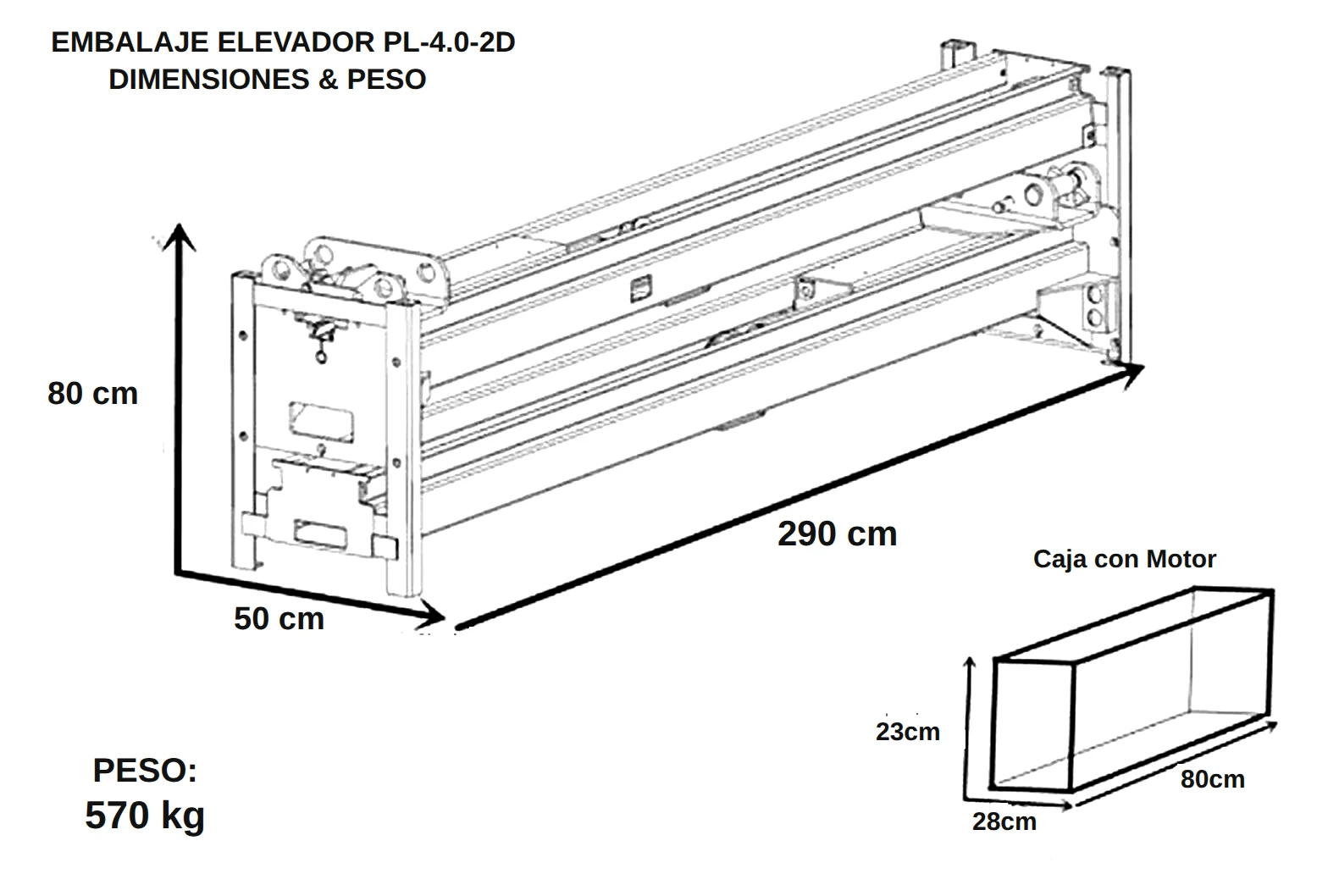 Dimensiones y peso del embalaje del Elevador Dos Columnas 4000 kg Travesaño Al Piso - Unite PL 4.0 2D
